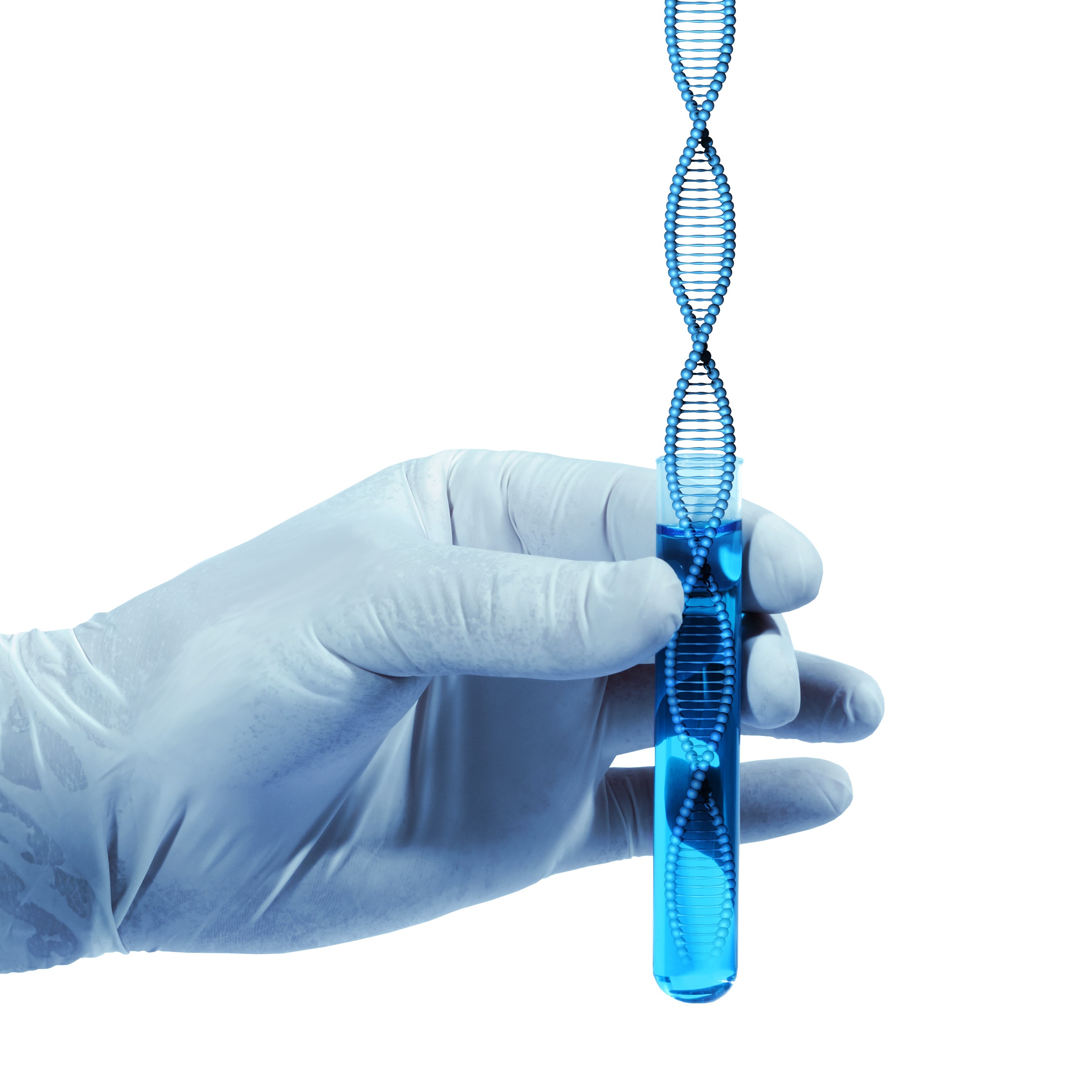 Gloved hand holds laboratory test DNA helix in glass tube