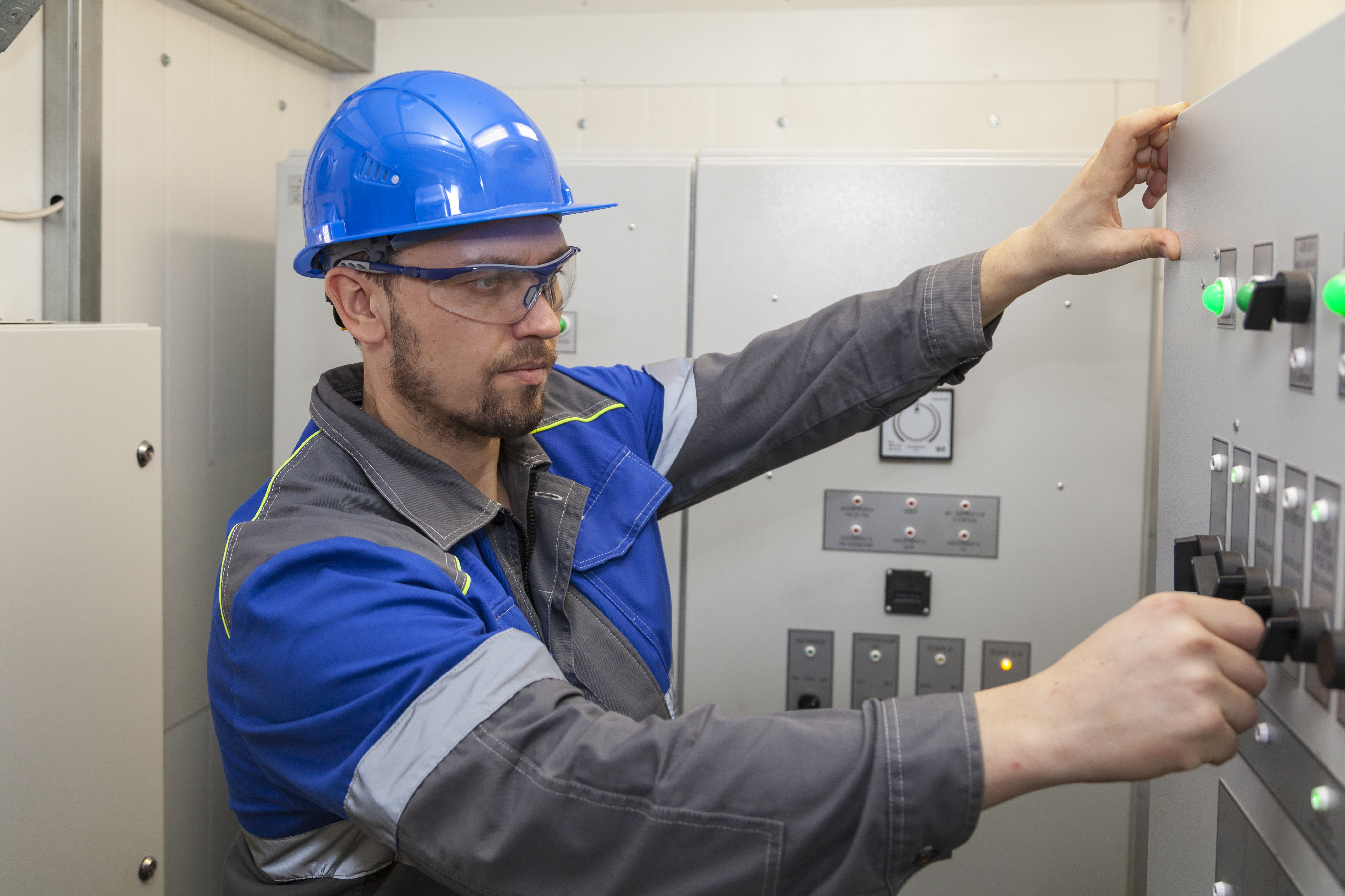 Energy and electricity, electromechanical protection when working with the electric panel, the electrician provides switching in the electrical switchboards in the electric panel