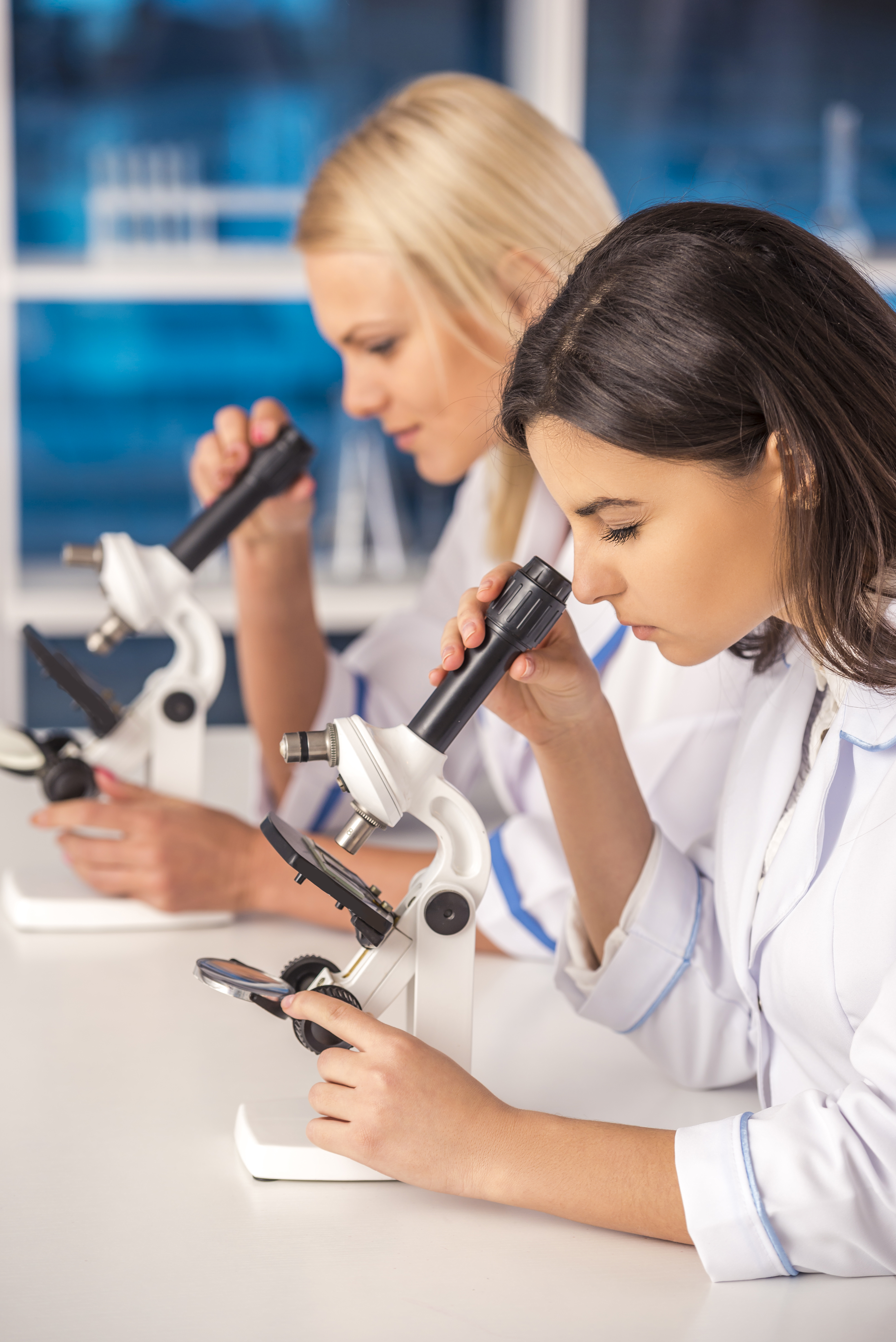 Side view. Two female science working with microscopes in a laboratory.