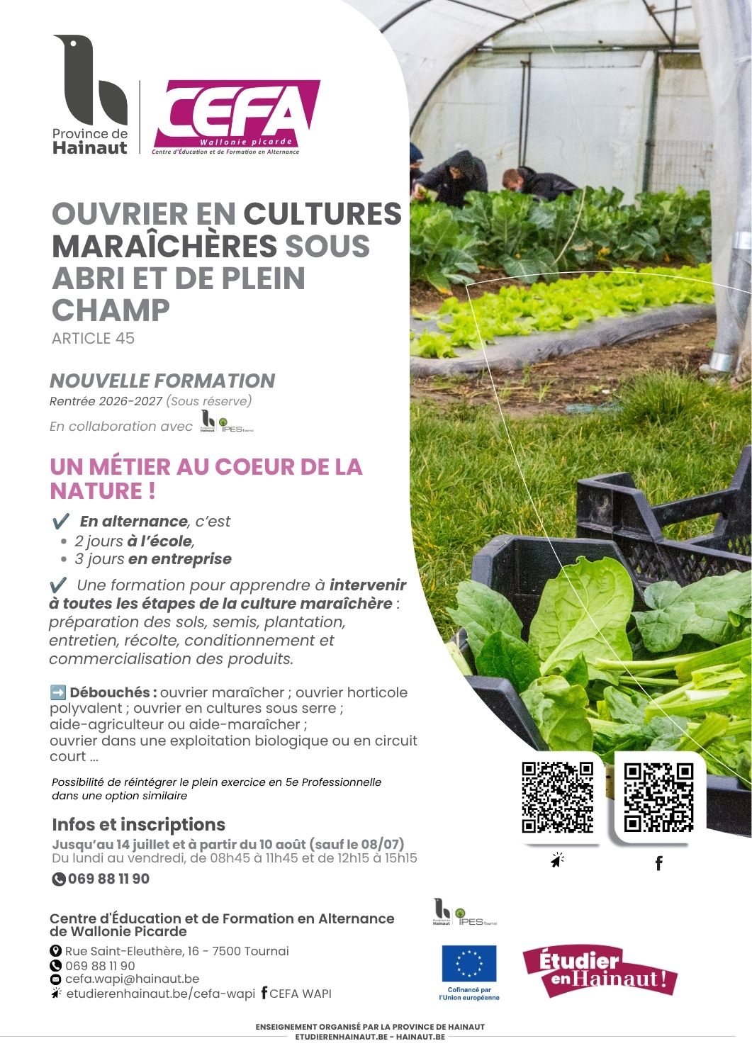 NOUVEAU 2026 - 2027 : Ouvrier en cultures maraîchères sous abri et de plein champ 