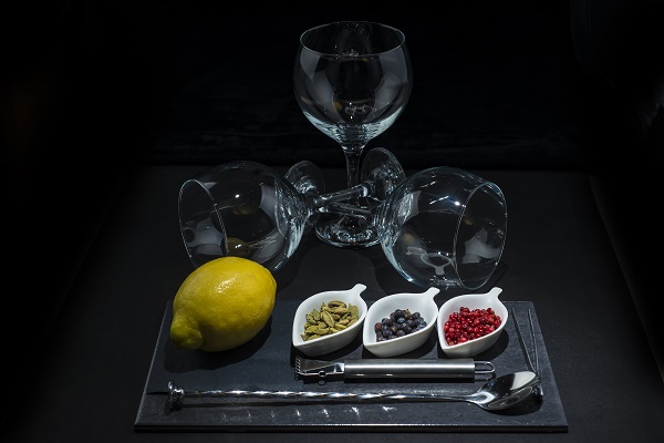 Utensils and ingredients to prepare and garnish a gin and  tonic