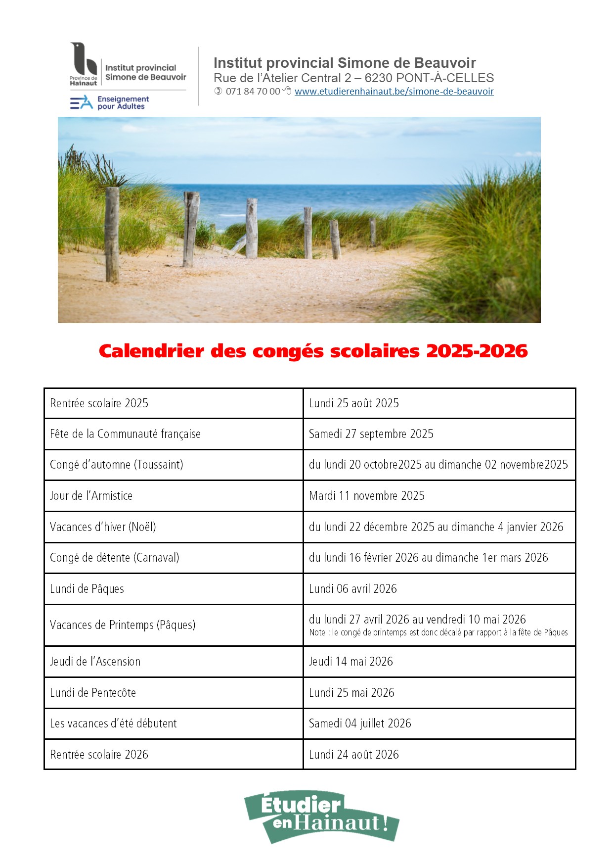 Calendrier congés scolaires 2025.2026