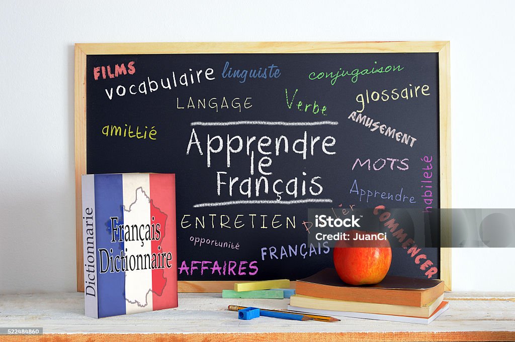 Blackboard with the message LEARN FRENCH and some text