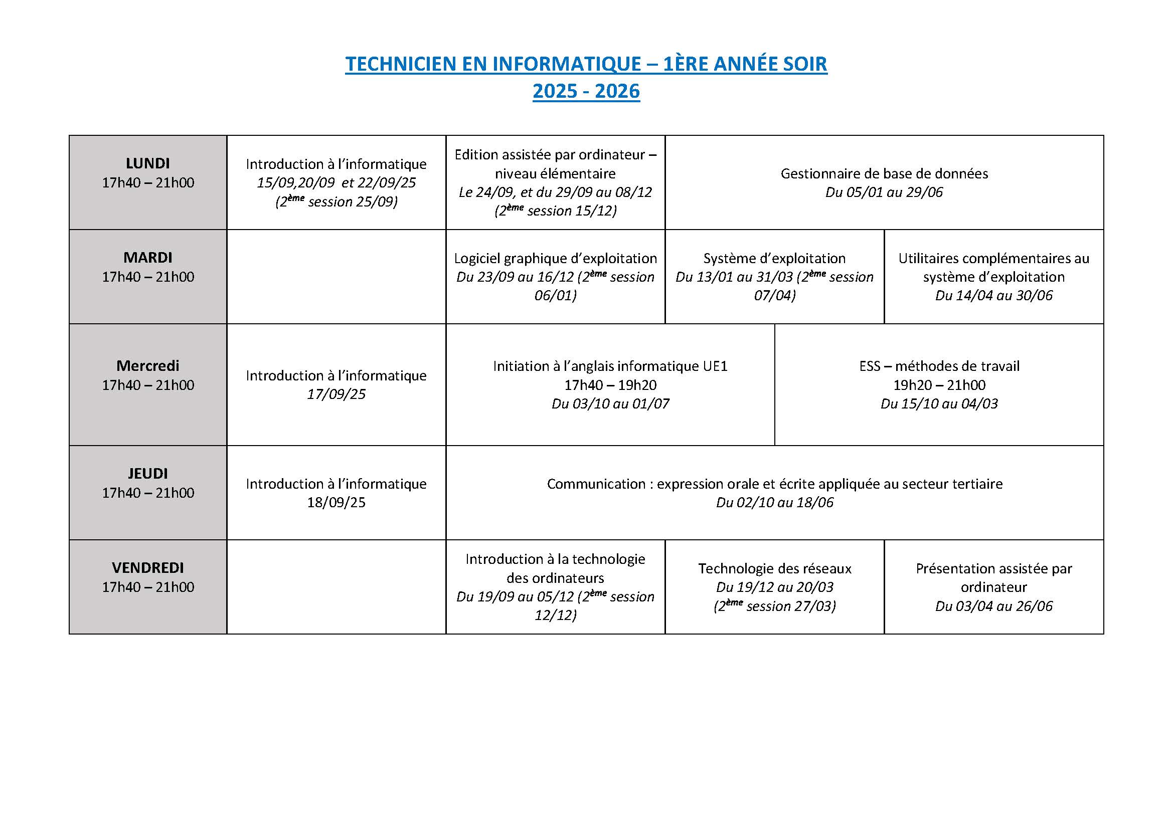 2025 2026 Technicien info 1ère soir etudiants