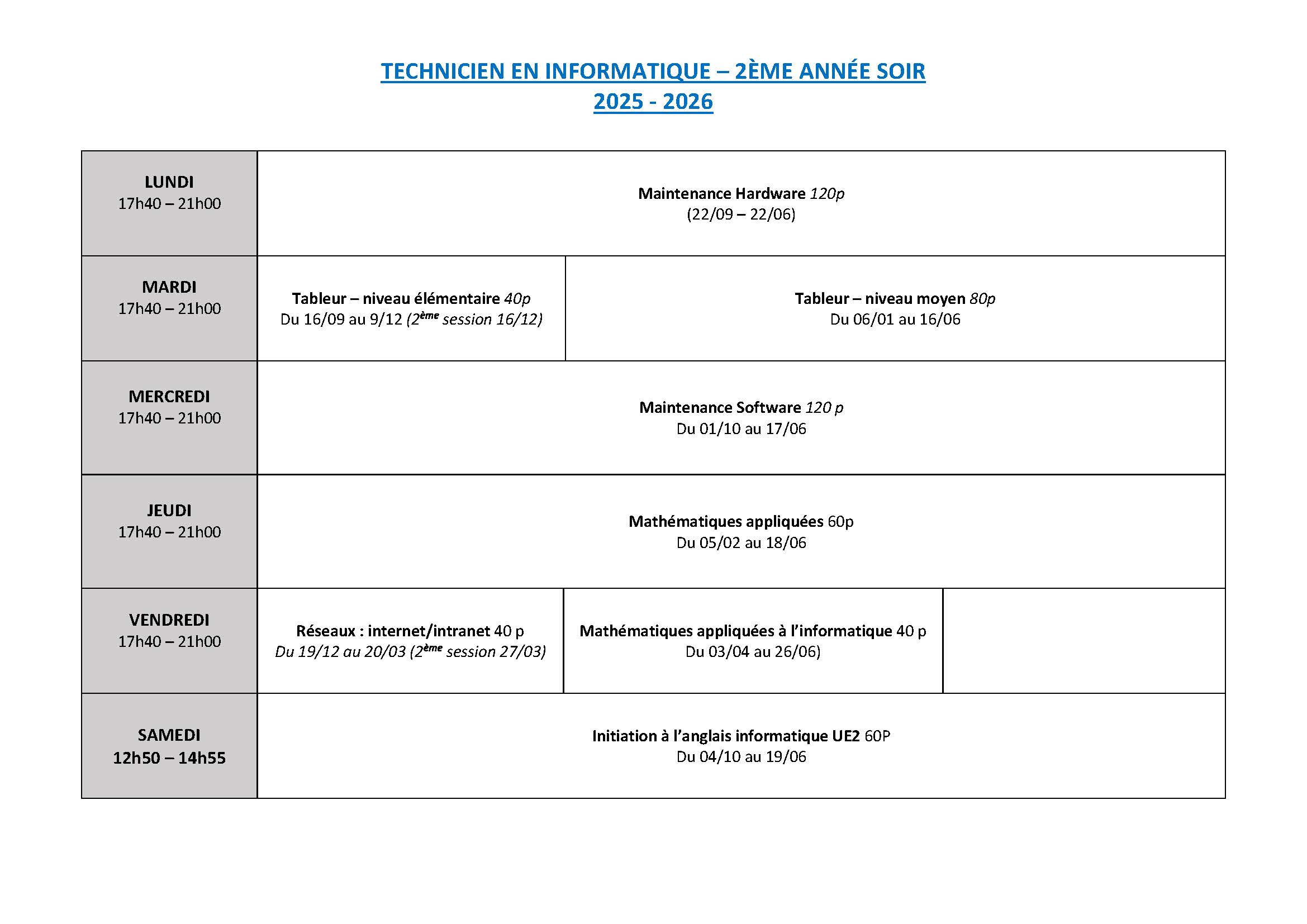 2025 2026 Technicien info 2ème soir etudiant