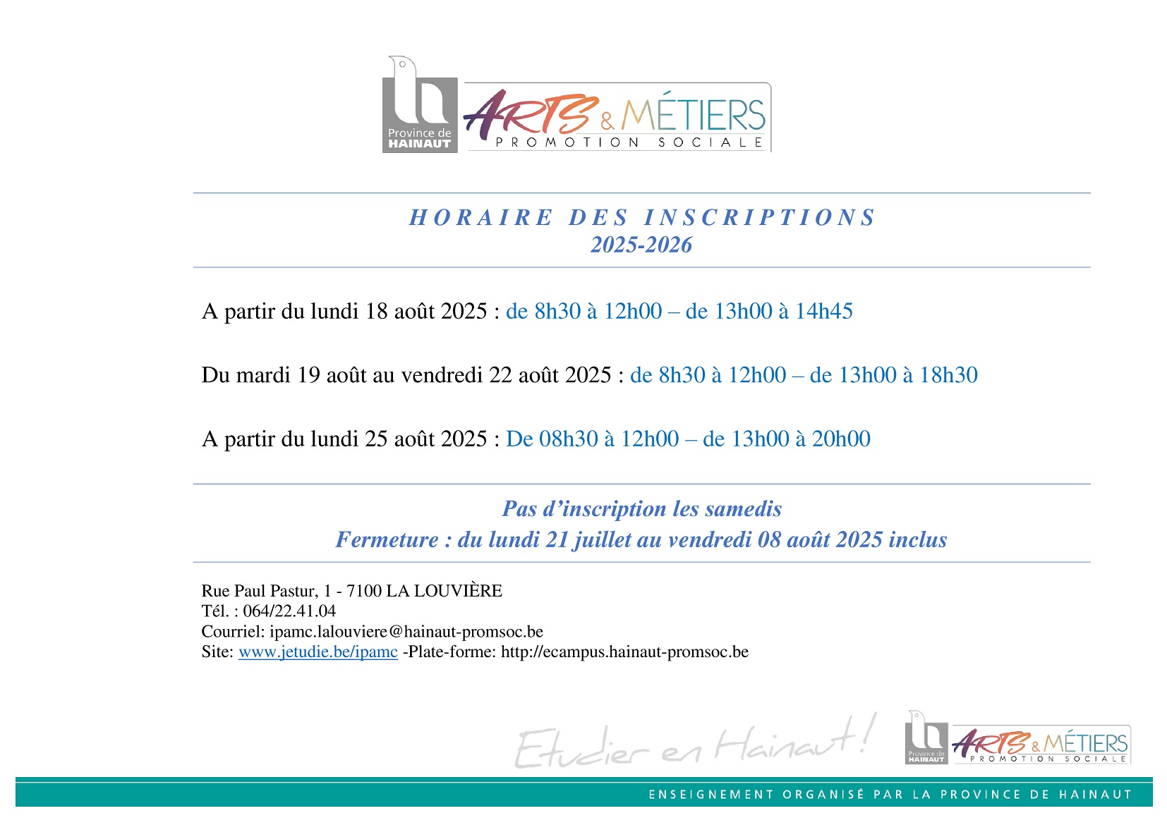 horaire inscriptions 2025 2026 NEW