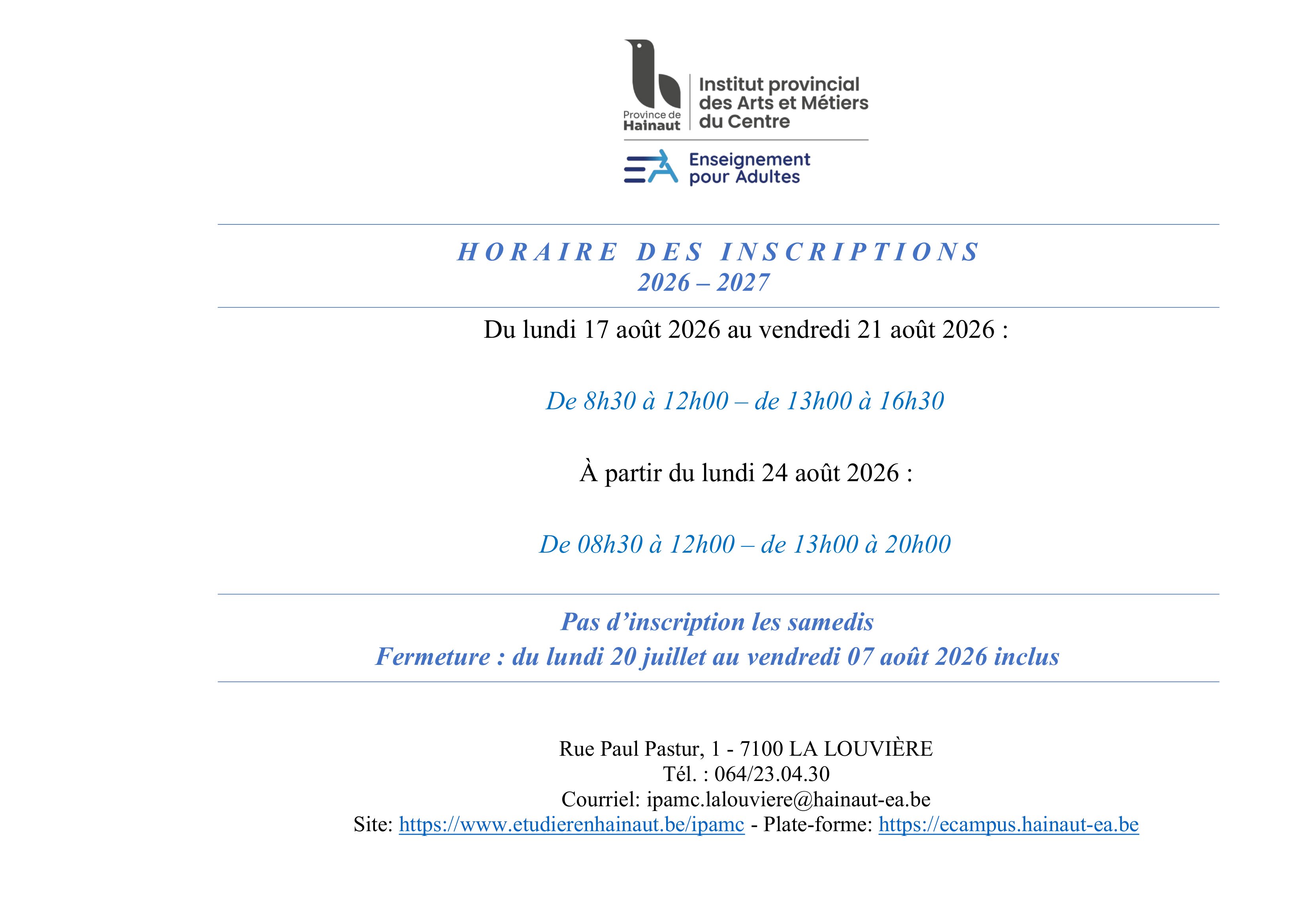 horaire inscriptions 2026 2027 NEW 1