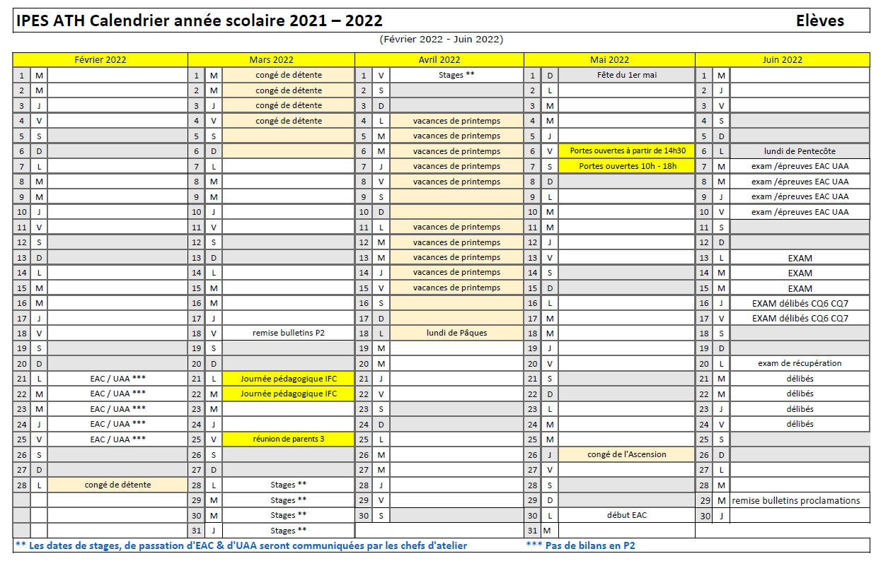 calendrier scolaire élèves de février à juin 2022