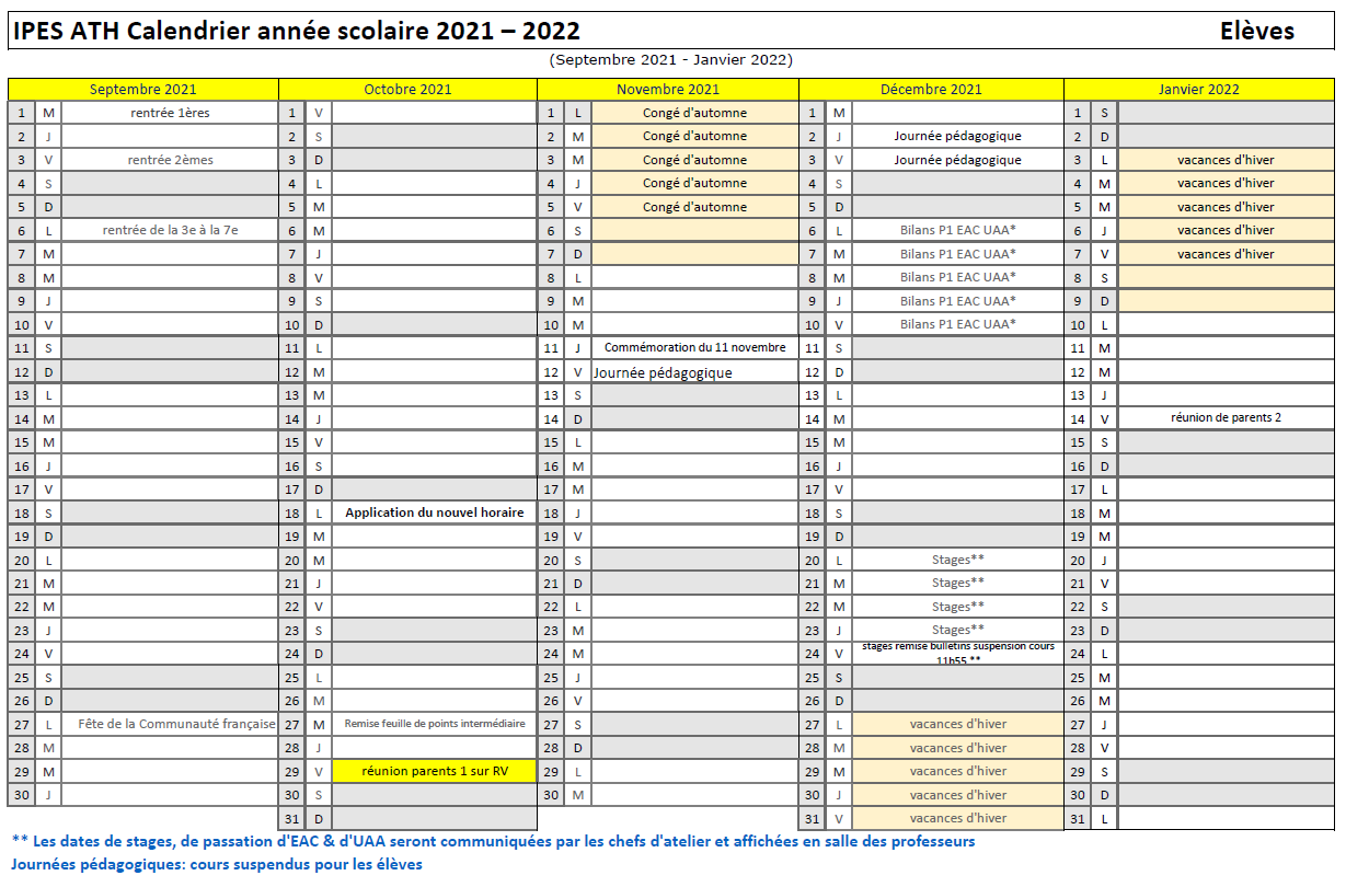 calendrier scolaire élèves de septembre à janvier 2022